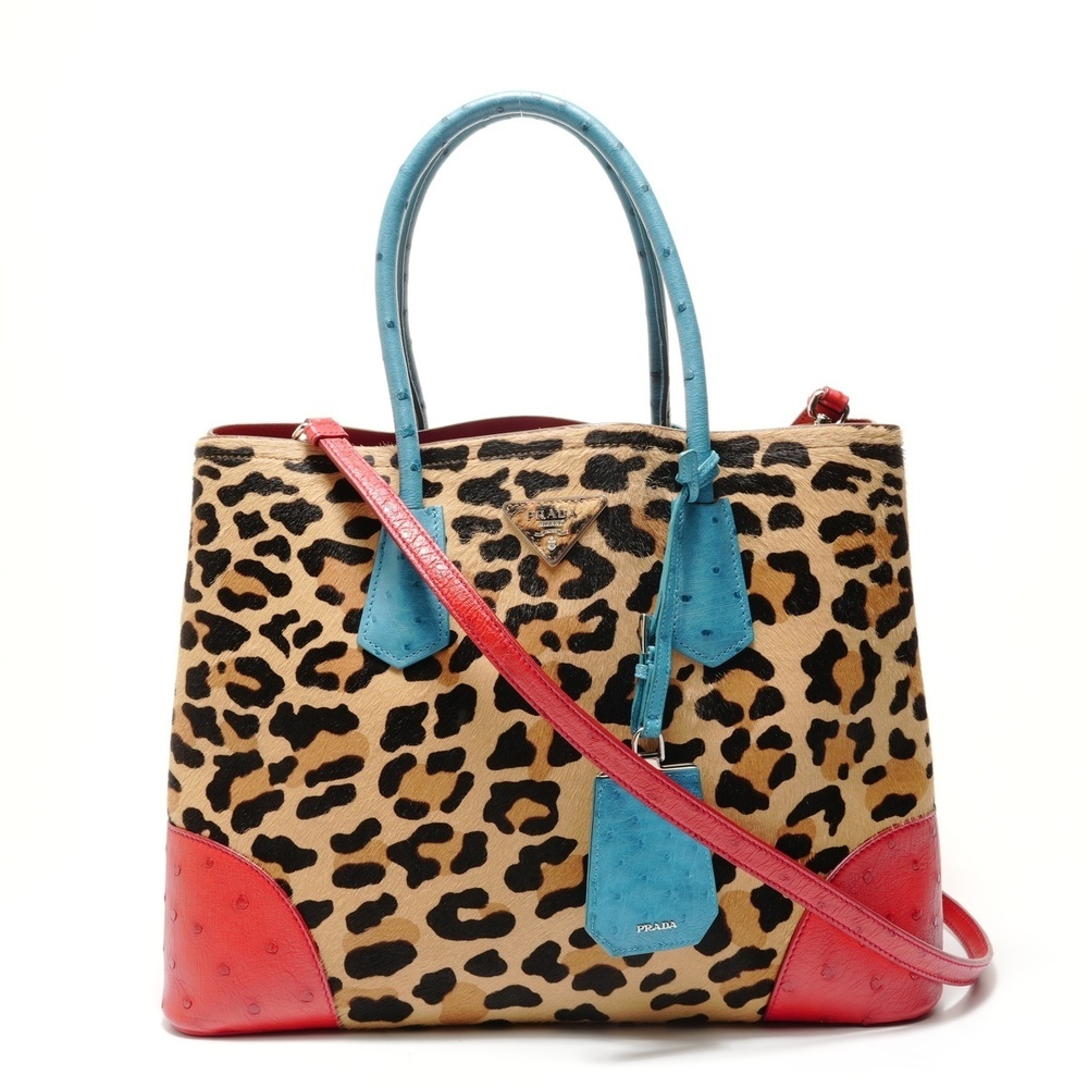 Prada leopard haircalf ostrich leather handbag brown